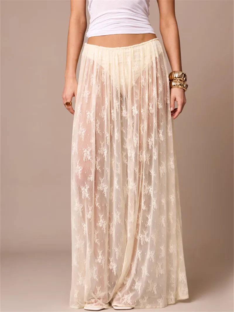 VacationGrabs  Summer Beachy Sheer Floral Lace Maxi Skirt Elastic Waist See-Through Mesh Long Skirt for Casual Vacation Wear