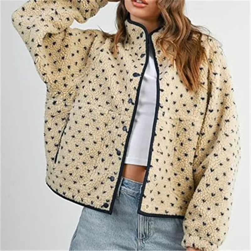 Womens Fleece Fuzzy Jacket Heart Dots Print Long Sleeve Winter Warm Fluffy Coats Button Down Sherpa Cardigan Y2K Outerwear