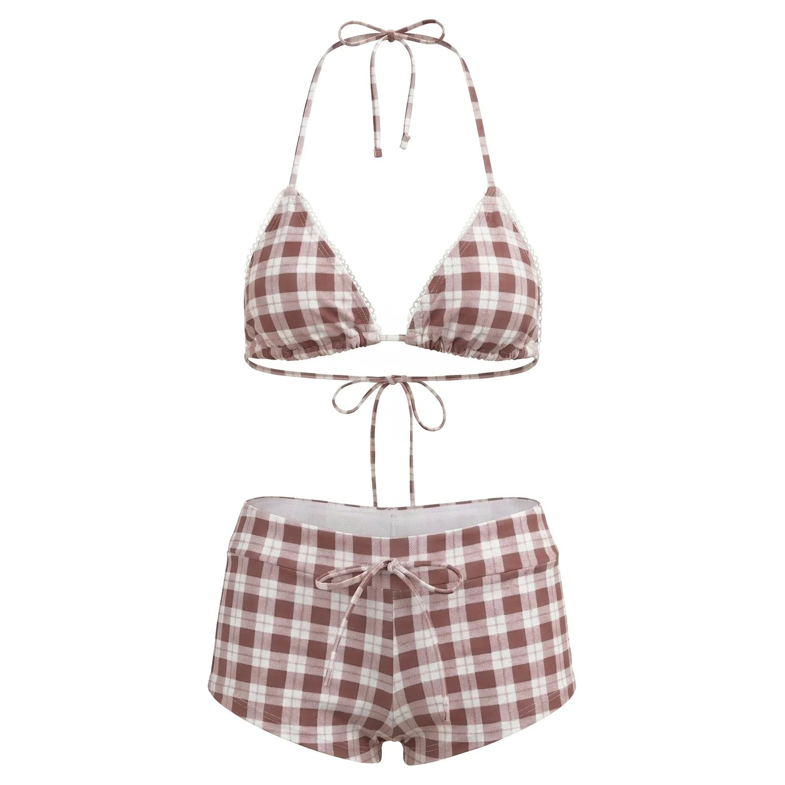 hirigin Women's 2 Piece Bikini Set Fashion Plaid Print Sleeveless Halter Neck Triangle Tops and Low Waist Boyshorts Bathing Suit