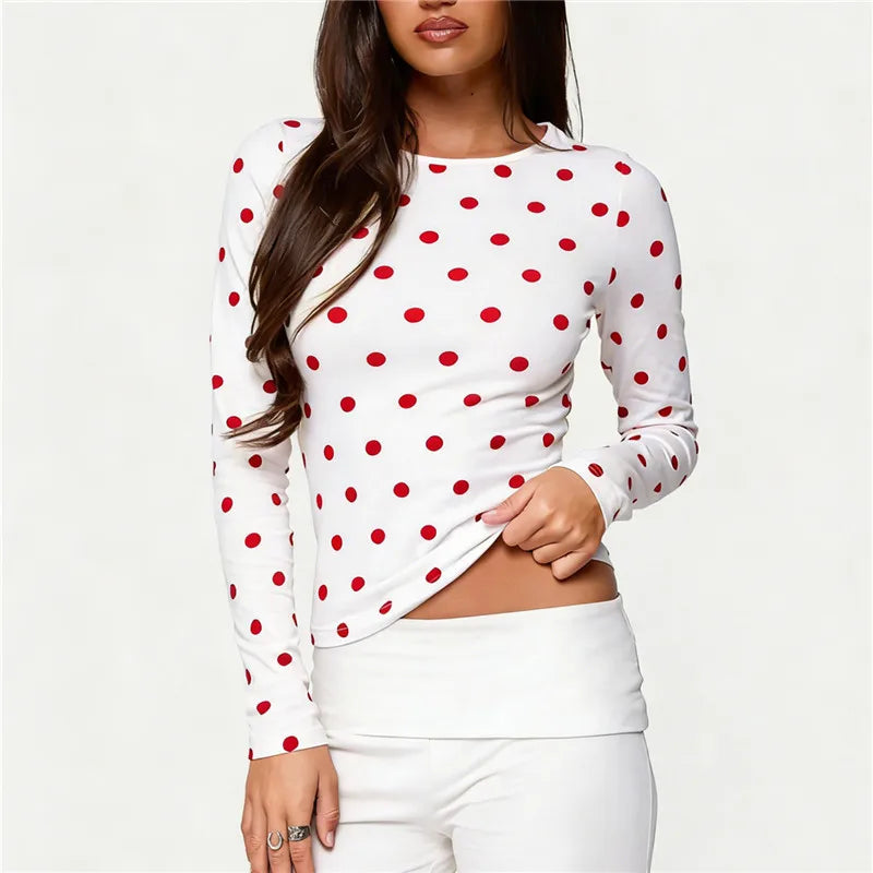 VacationGrabs  Y2K Coquette Polka Dot Long Sleeve Crew Neck Slim Fitted T-Shirt Crop Top Women Casual Bodycon Spring Fall Streetwear