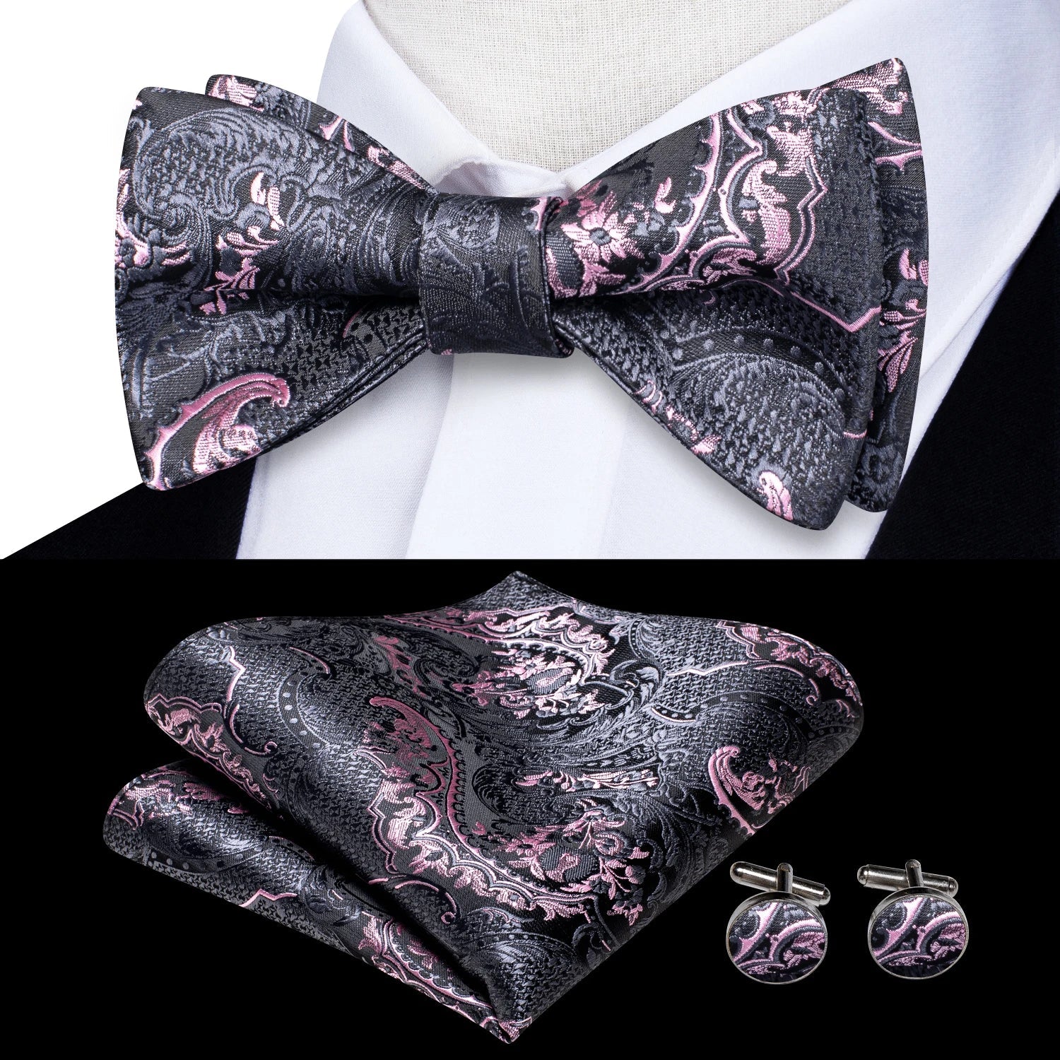 Elegant Mens Bow Tie Set with Cufflinks - Various Colors