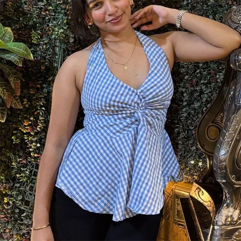 VacationGrabs  Women Gingham Halter Neck Top Twist Front Peplum Hem Sleeveless Plaid Casual Summer V Neck Backless Tank Top StreetWear