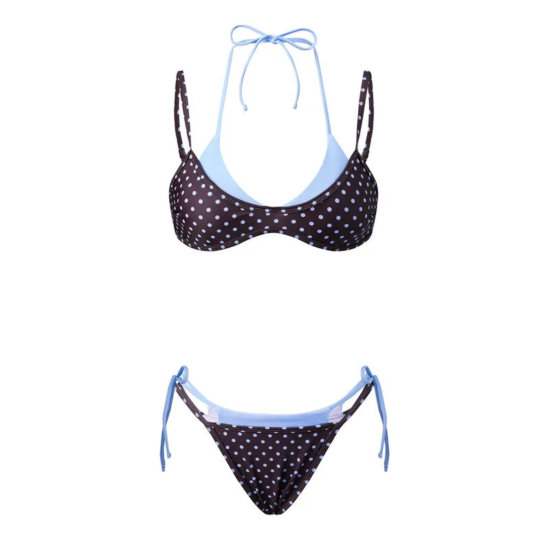 hirigin Women's Double Layered Bikini Set Dot Print Halter Bra with Side Tie-up Low Waist Shorts 2 Pcs Swimsuit Beachwear