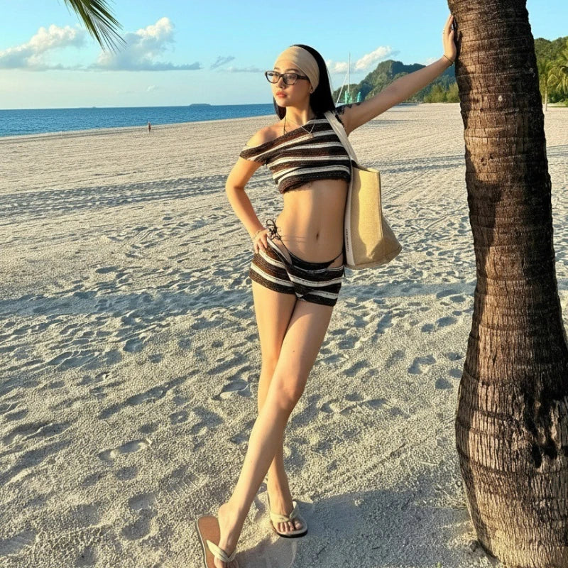 Striped 4-Piece Halter Bikini Set, Tummy Control Shorts