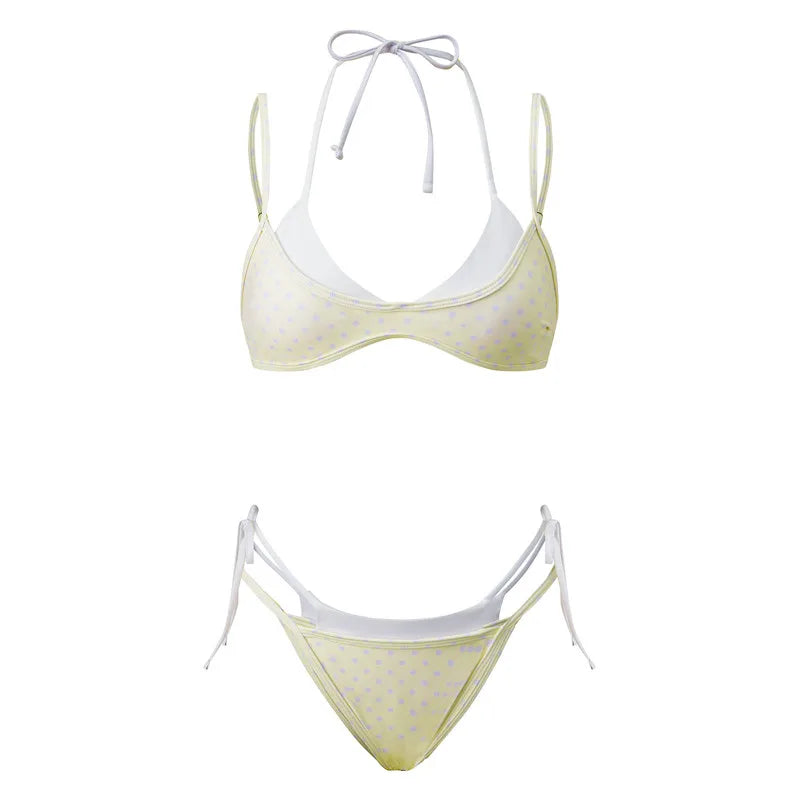 hirigin Women's Double Layered Bikini Set Dot Print Halter Bra with Side Tie-up Low Waist Shorts 2 Pcs Swimsuit Beachwear