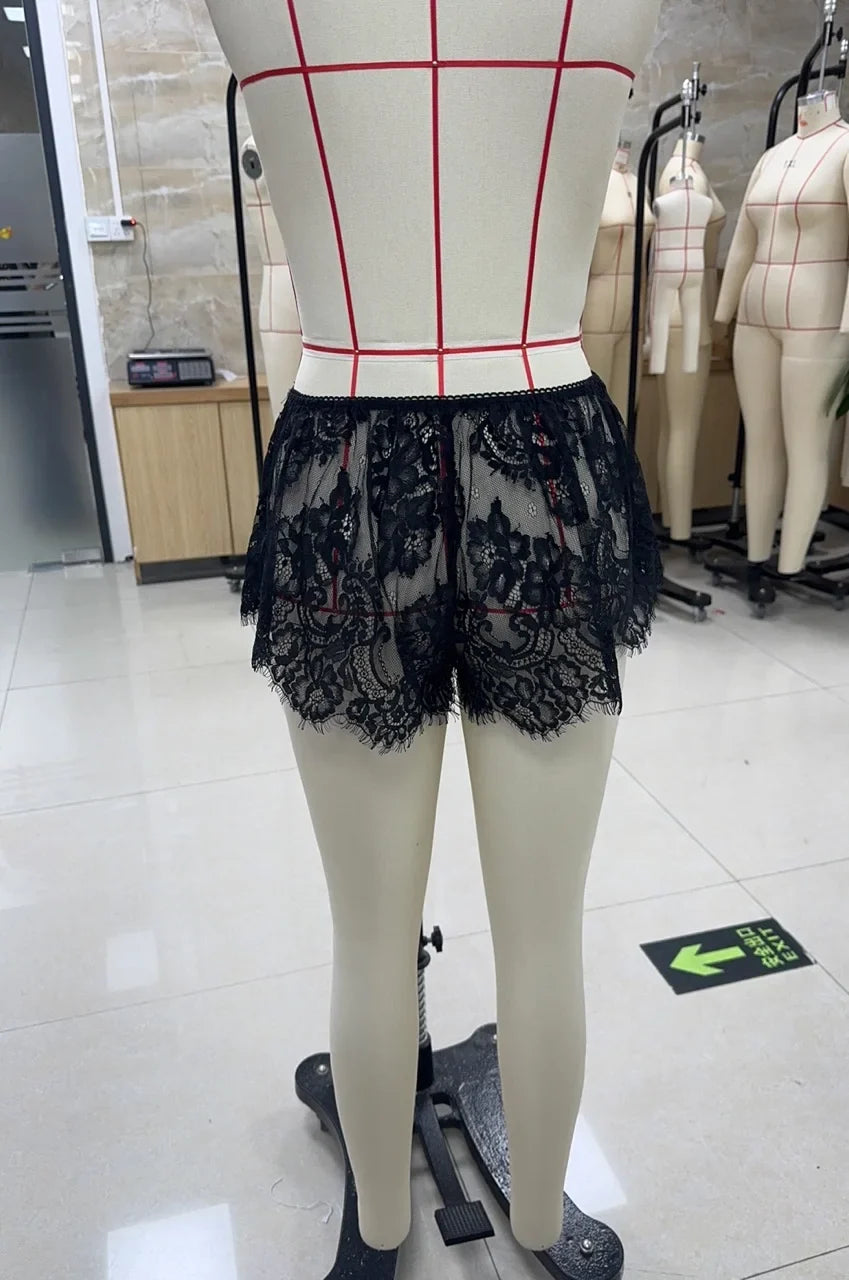 VacationGrabs Women’s Solid Color Lace See Through Shorts Casual Elastic Waist Wide Leg Lingerie Shorts Summer Lounge Bottoms