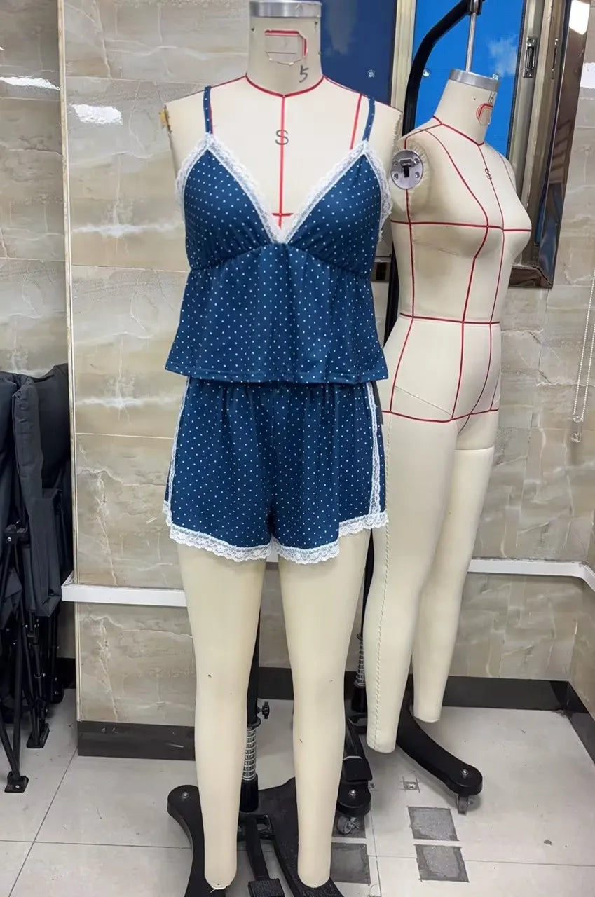 Hirigin Women Polka Dot Pajama Set V Neck Lace Trim Spaghetti Strap Ruffle Bust Cami Top and Shorts 2 Piece Summer Loungewear