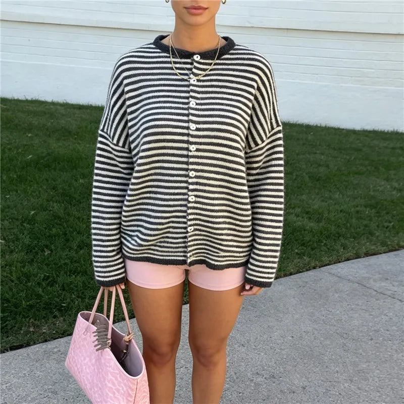 Hirigin Women Striped Cropped Knit Cardigan Round Neck Button Down Drop Shoulder Long Sleeve Loose Fit Knitted Sweater Jacket