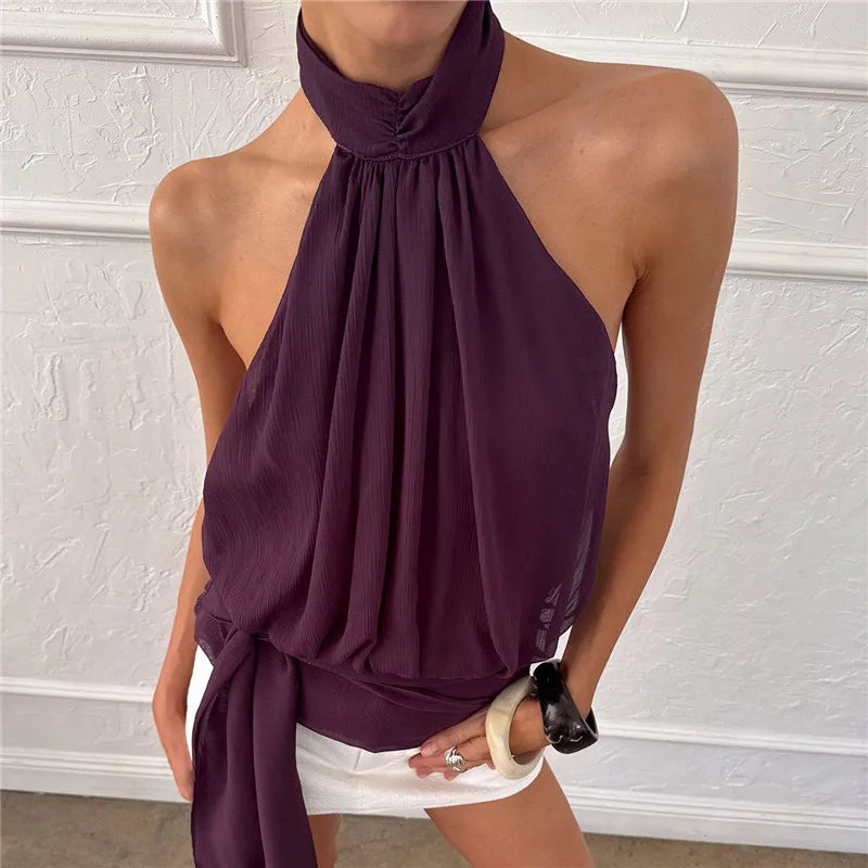 VacationGrabs  Elegant Plum Purple Halter Top Women Open Back Sleeveless Blouse Tie Waist Flowy Top For Office Commute And Casual Wear