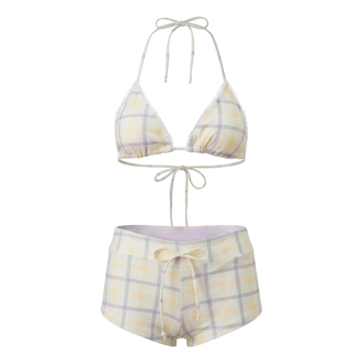 hirigin Women's 2 Piece Bikini Set Fashion Plaid Print Sleeveless Halter Neck Triangle Tops and Low Waist Boyshorts Bathing Suit