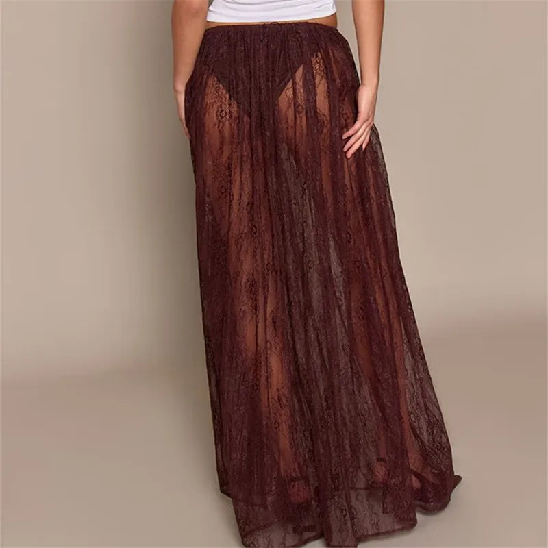 VacationGrabs  Summer Beachy Sheer Floral Lace Maxi Skirt Elastic Waist See-Through Mesh Long Skirt for Casual Vacation Wear