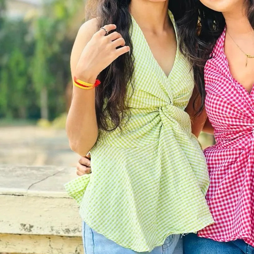 VacationGrabs  Women Gingham Halter Neck Top Twist Front Peplum Hem Sleeveless Plaid Casual Summer V Neck Backless Tank Top StreetWear