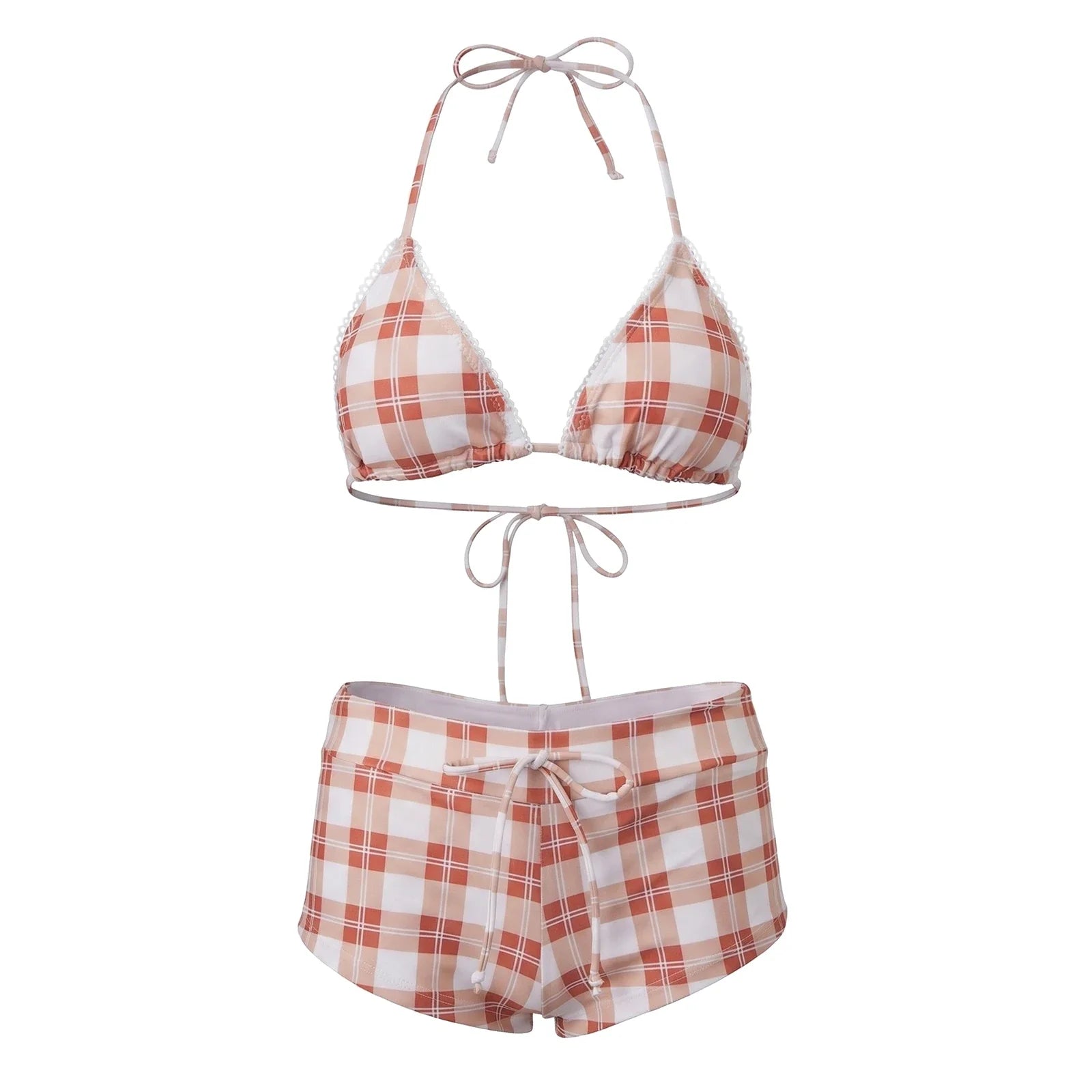 hirigin Women's 2 Piece Bikini Set Fashion Plaid Print Sleeveless Halter Neck Triangle Tops and Low Waist Boyshorts Bathing Suit