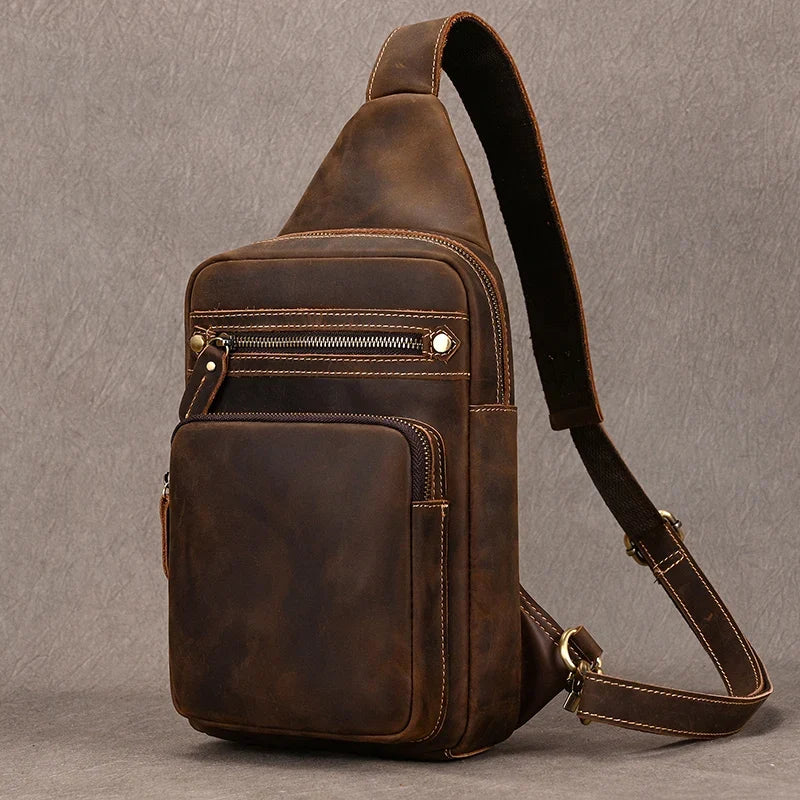 Newsbirds High Quality Big Chest Bag Real Cowhide Leather Chest Bags Crazy Horse Leather Men's Sling Bag Chest Pack For Man Male