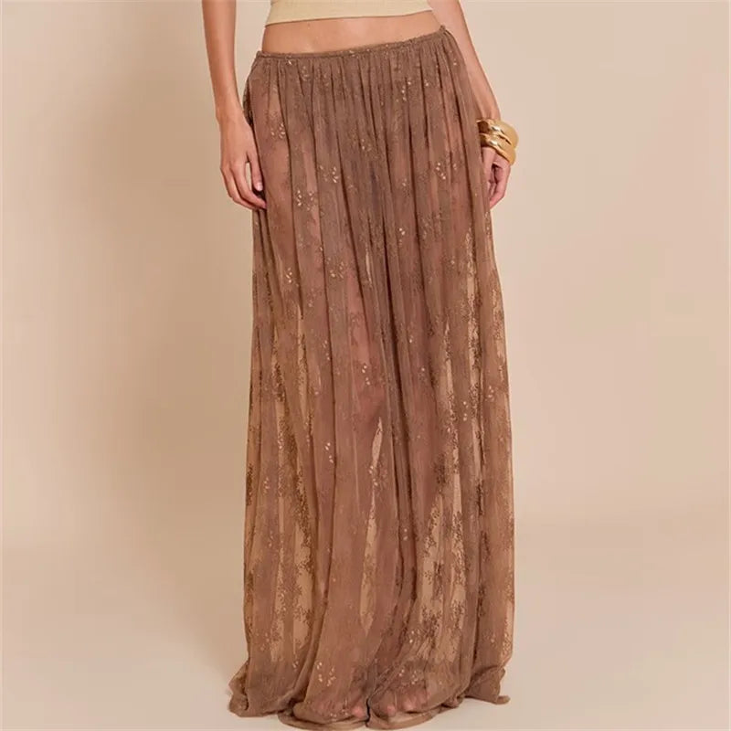 VacationGrabs  Summer Beachy Sheer Floral Lace Maxi Skirt Elastic Waist See-Through Mesh Long Skirt for Casual Vacation Wear