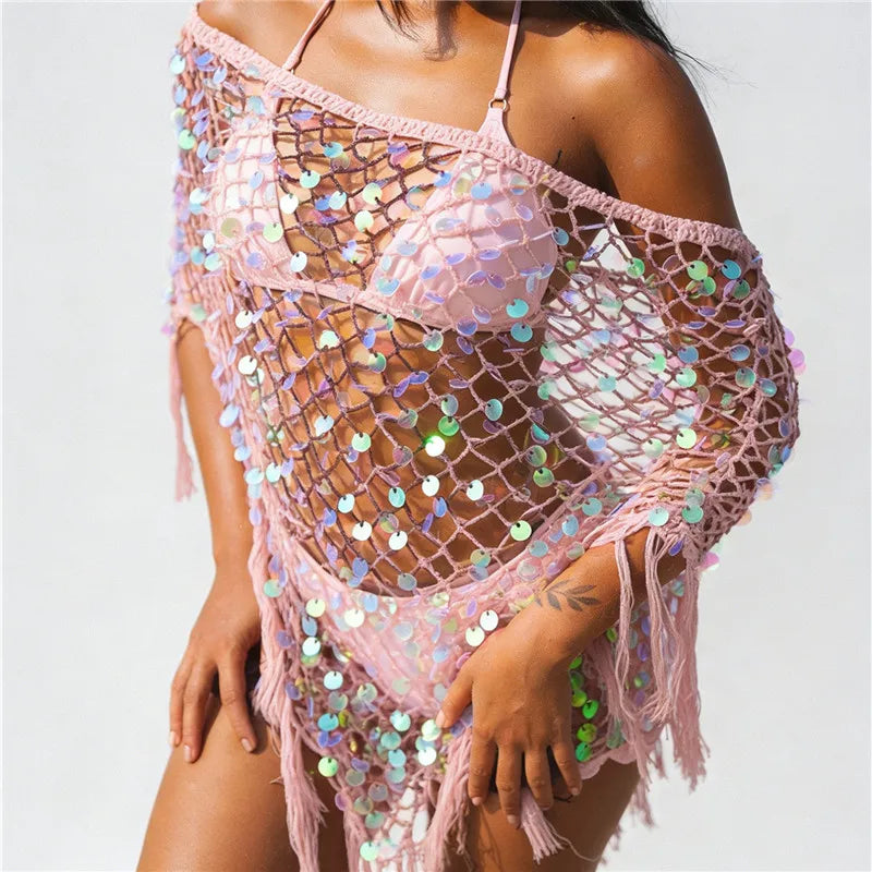 hirigin Women's Tassel Knit Ponchos Fashion Sequin Off One Shoulder Loose Fit Crochet Shrug Shawl for Casual Beach Wear