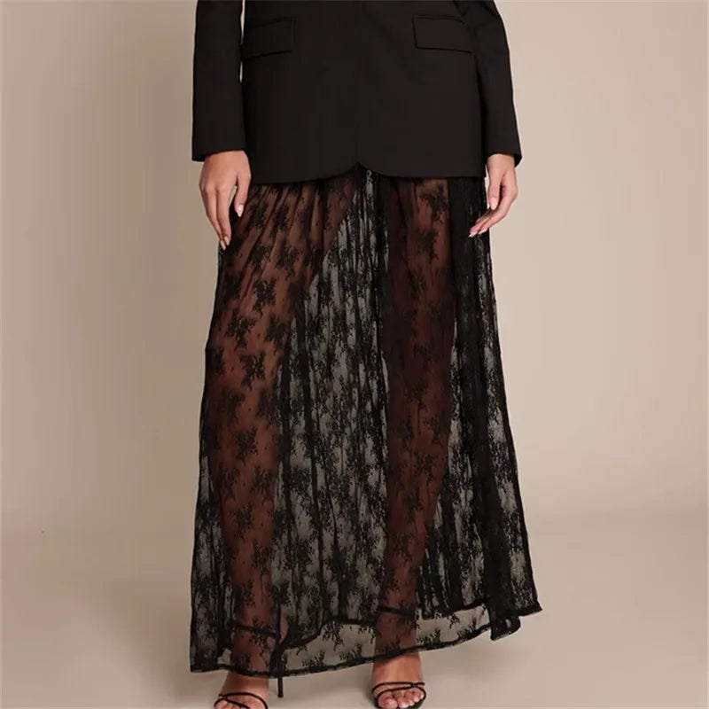 VacationGrabs  Summer Beachy Sheer Floral Lace Maxi Skirt Elastic Waist See-Through Mesh Long Skirt for Casual Vacation Wear