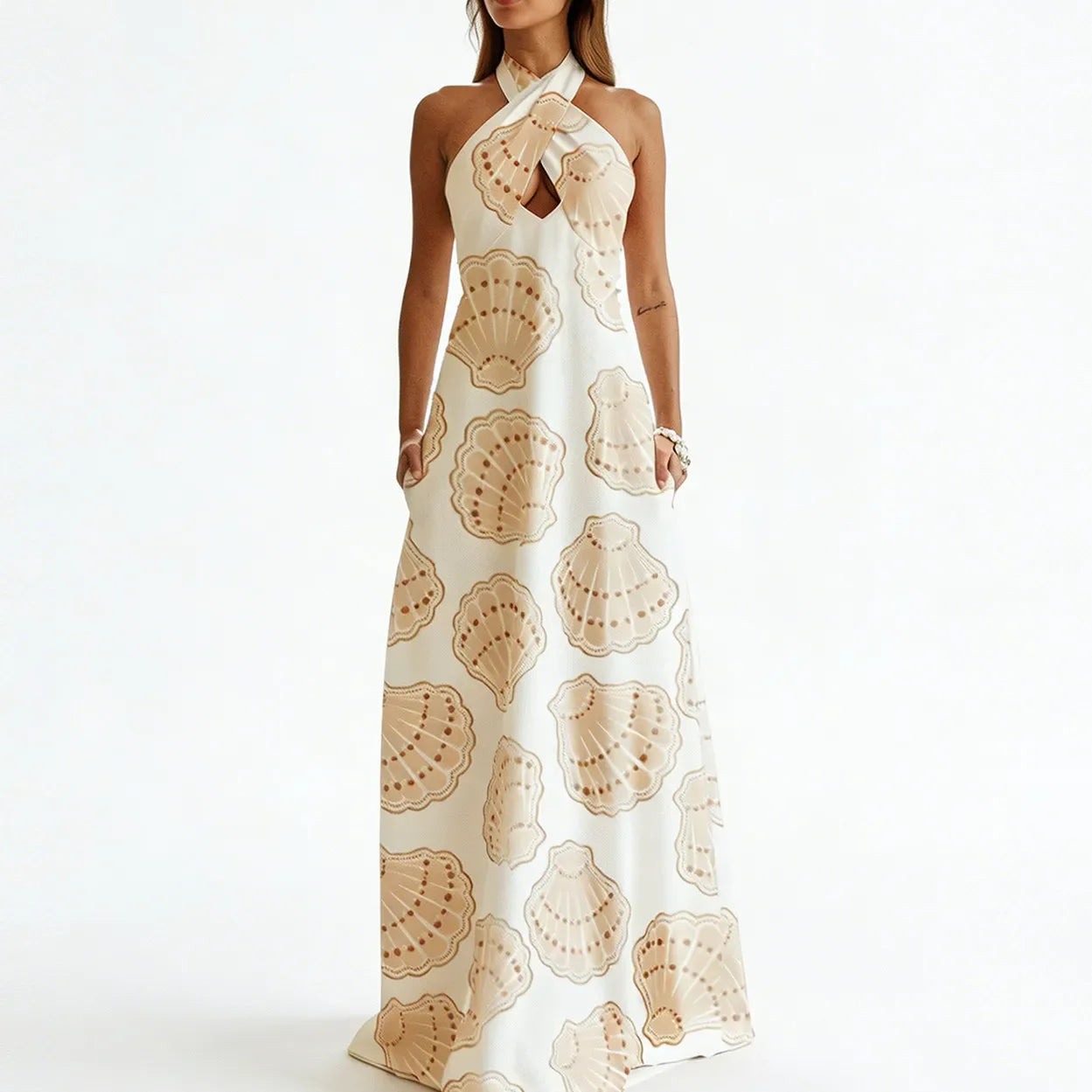 VacationGrabs  Women's Seashell Print Halter Neck Maxi Dress Sleeveless Bodycon Backless Evening Party Long Dress for Summer Vacation