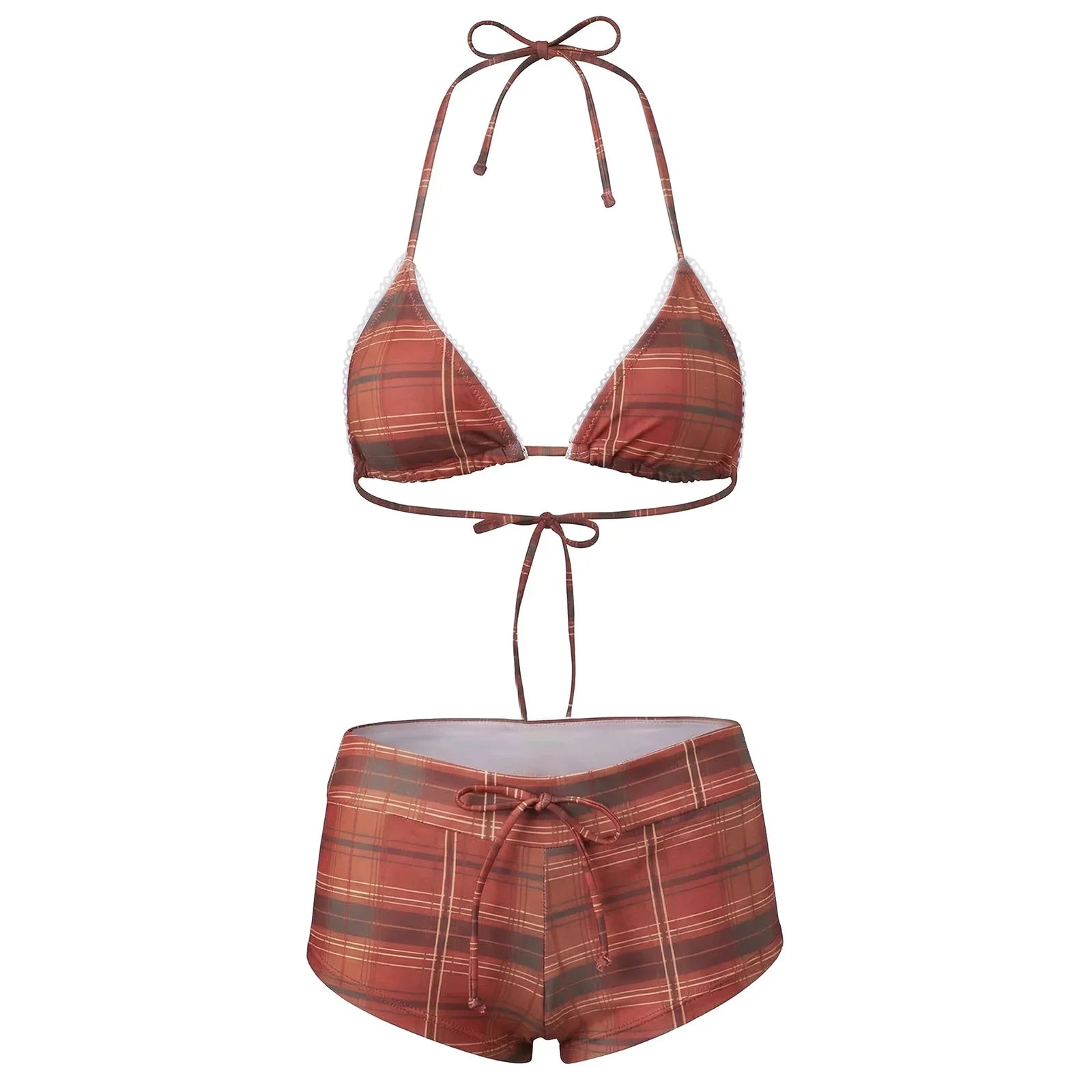 hirigin Women's 2 Piece Bikini Set Fashion Plaid Print Sleeveless Halter Neck Triangle Tops and Low Waist Boyshorts Bathing Suit