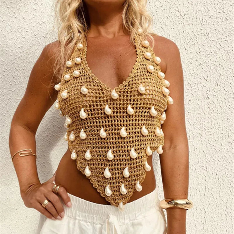 VacationGrabs Women Y2K Sequin Knit Tank Top Sparkle Halter Crochet Cami Top Sleeveless V Neck Open Back Glitter Camisole Clubwear