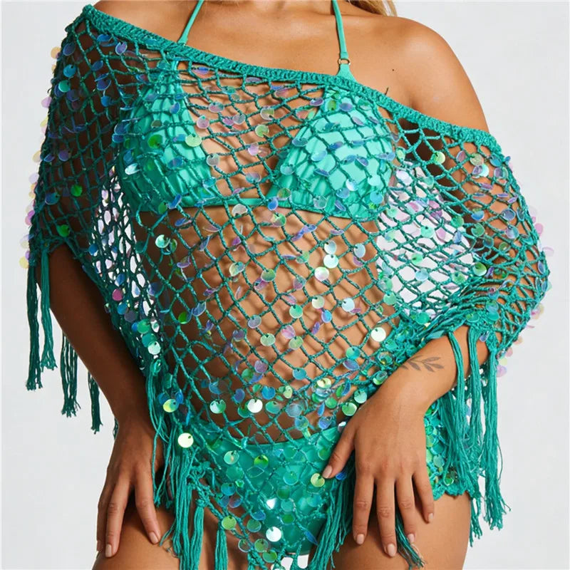 hirigin Women's Tassel Knit Ponchos Fashion Sequin Off One Shoulder Loose Fit Crochet Shrug Shawl for Casual Beach Wear