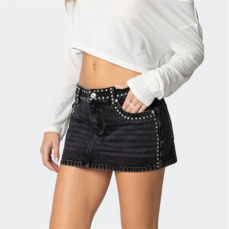 VacationGrabs  Womens Studded Denim Mini Skirt Low Waist Vintage Micro Skirt Y2K Aesthetic Streetwear Clubwear Party Slim Fit Skirt