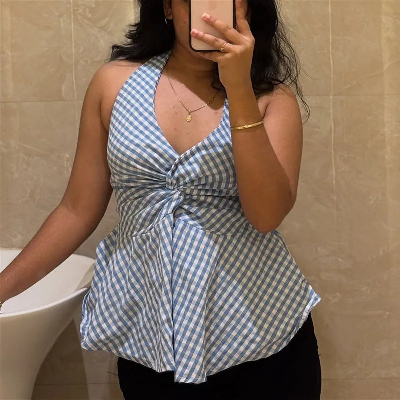 VacationGrabs  Women Gingham Halter Neck Top Twist Front Peplum Hem Sleeveless Plaid Casual Summer V Neck Backless Tank Top StreetWear