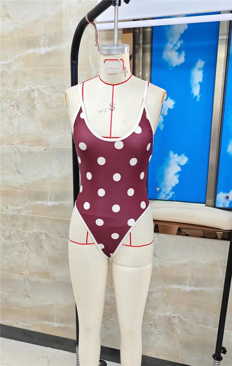 VacationGrabs Women's Summer Tankinis Swimsuit Y2K Dots Print Sleeveless Adjustable Spaghetti Strap Bodysuit Bathing Suit Beachwear