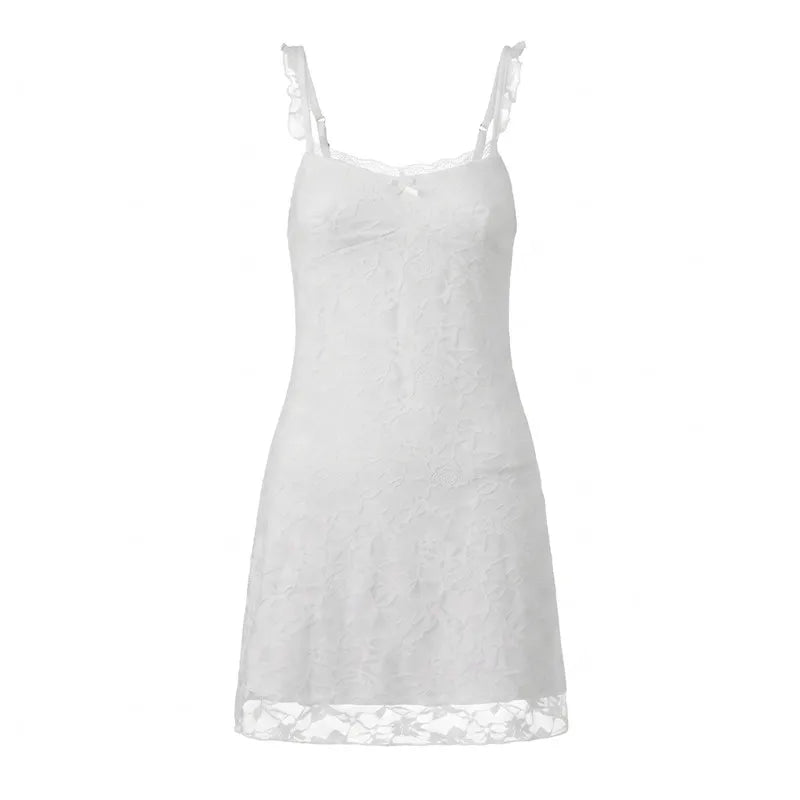 hirigin Vintage Y2K Women Floral Lace Bodycon Mini Dress Ruffle Trim Spaghetti Strap V Neck Sleeveless Club Night Short Dress