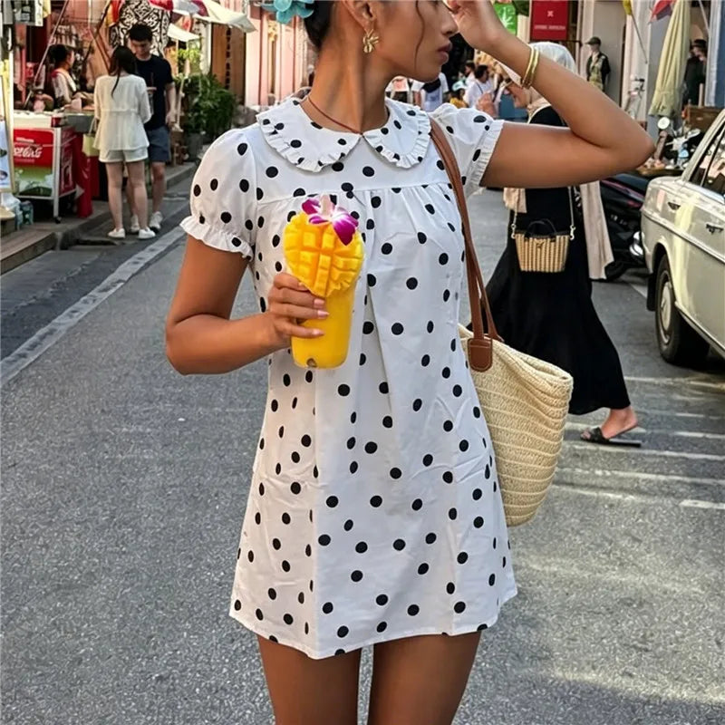 VacationGrabs  Cute Ruffle Collar Polka Dot/Striped Dress Women's Short Puff Sleeve Loose A-Line Casual Mini Sundress Summer Streetwear