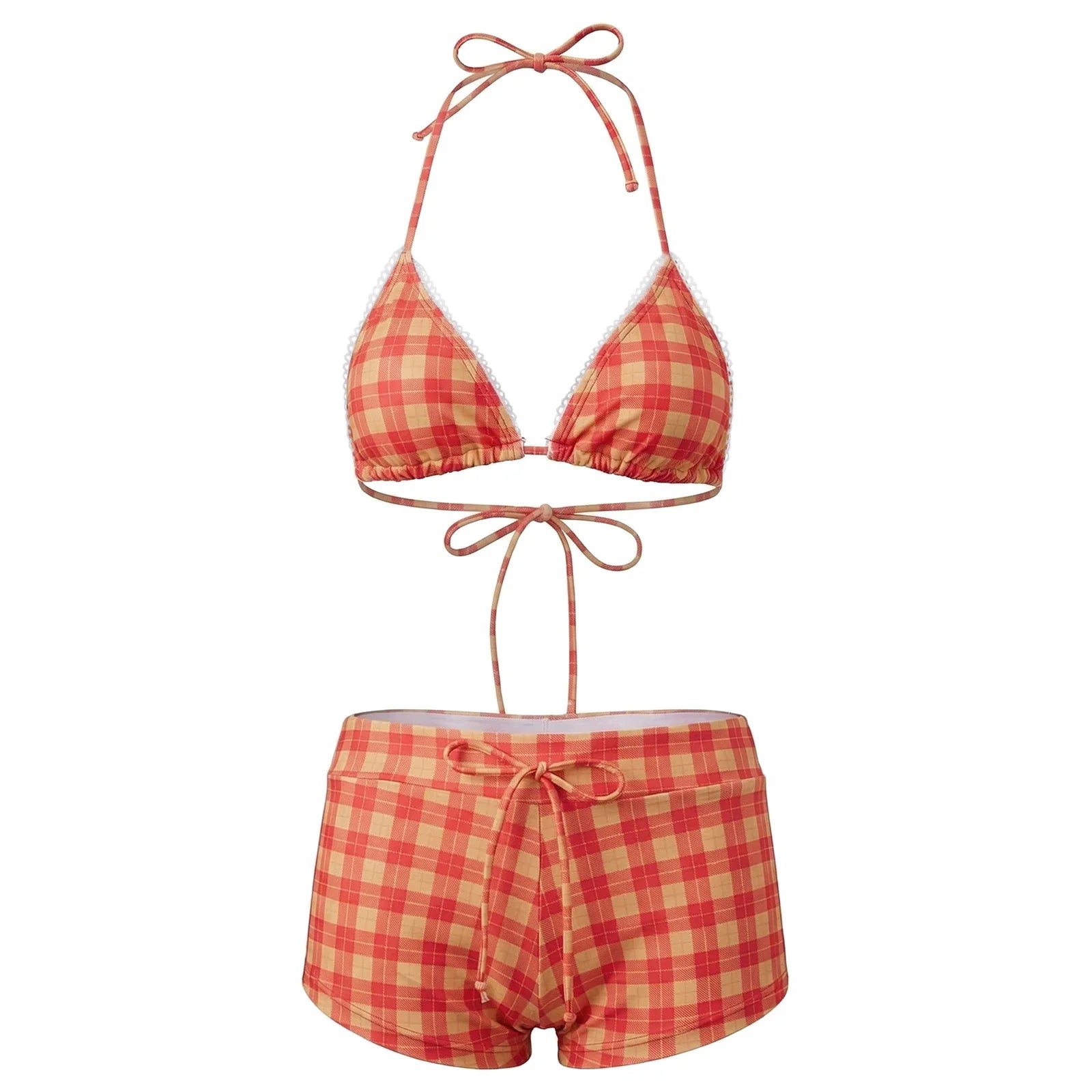 hirigin Women's 2 Piece Bikini Set Fashion Plaid Print Sleeveless Halter Neck Triangle Tops and Low Waist Boyshorts Bathing Suit
