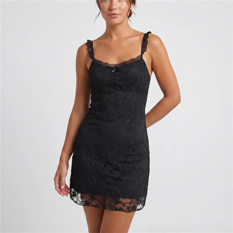 hirigin Vintage Y2K Women Floral Lace Bodycon Mini Dress Ruffle Trim Spaghetti Strap V Neck Sleeveless Club Night Short Dress