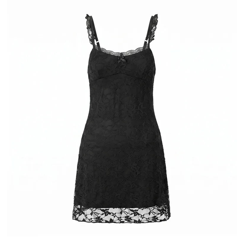 hirigin Vintage Y2K Women Floral Lace Bodycon Mini Dress Ruffle Trim Spaghetti Strap V Neck Sleeveless Club Night Short Dress