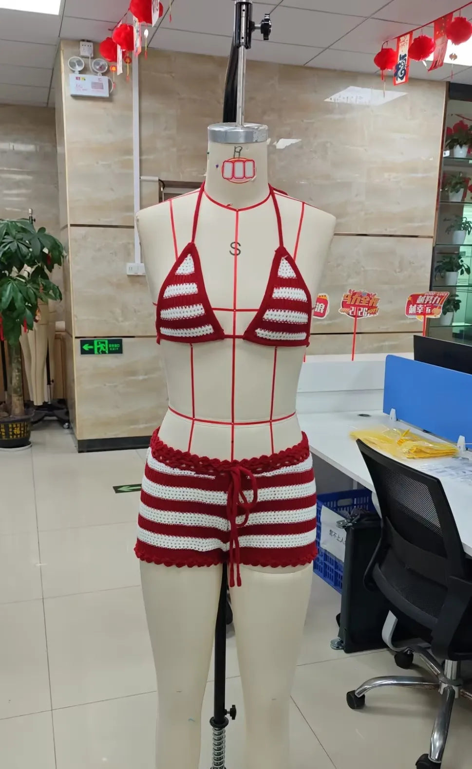 hirigin Women's 2PCS Knit Bathing Suits Sleeveless Halter Neck Striped Bra with Drawstring Thong Sets Summer Holiday Beacwear