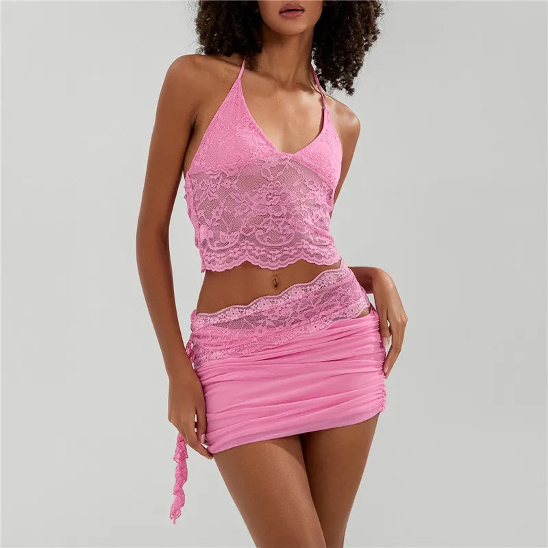 Chic Pink Lace Two Piece Set for Vacation Getaways