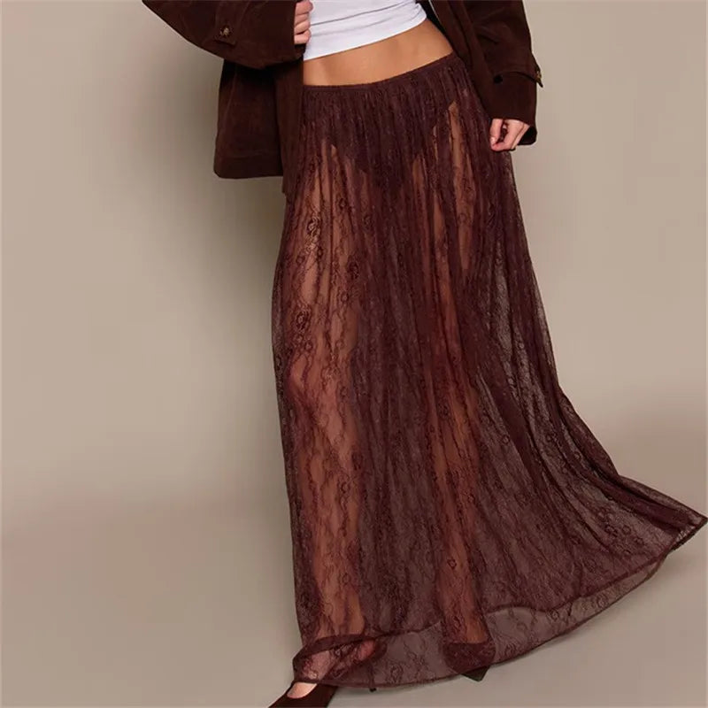 VacationGrabs  Summer Beachy Sheer Floral Lace Maxi Skirt Elastic Waist See-Through Mesh Long Skirt for Casual Vacation Wear