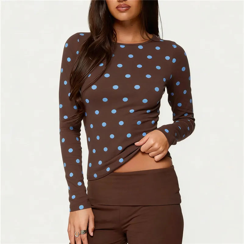 VacationGrabs  Y2K Coquette Polka Dot Long Sleeve Crew Neck Slim Fitted T-Shirt Crop Top Women Casual Bodycon Spring Fall Streetwear