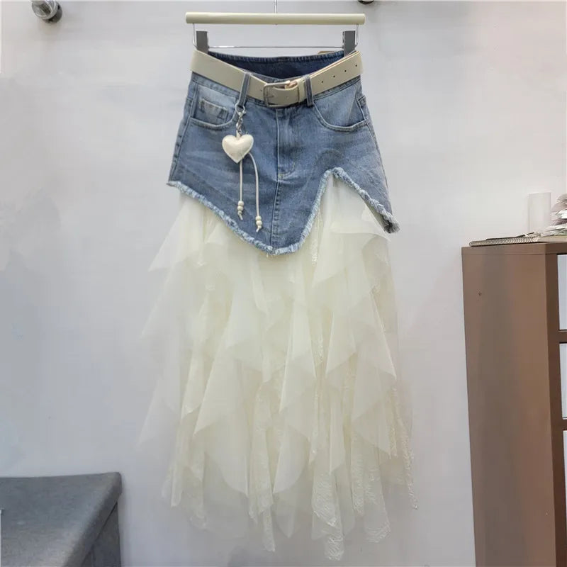 Women's Skirts Mesh A-line High Waist Long Irregular Denim Skirt