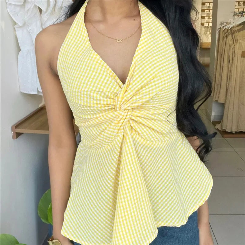 VacationGrabs  Women Gingham Halter Neck Top Twist Front Peplum Hem Sleeveless Plaid Casual Summer V Neck Backless Tank Top StreetWear