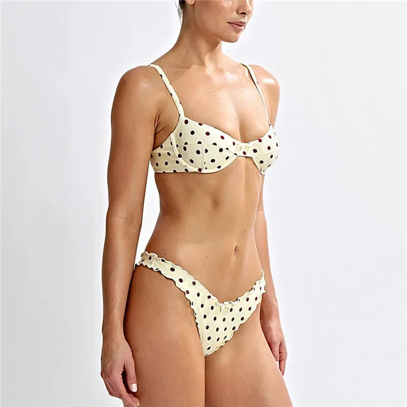 hirigin Women Dots Print 2pcs Bikini Set Holiday Swimsuits Tie-Up Back Bikini Tops Low Rise Thongs Female Bathing Suit Beachwear