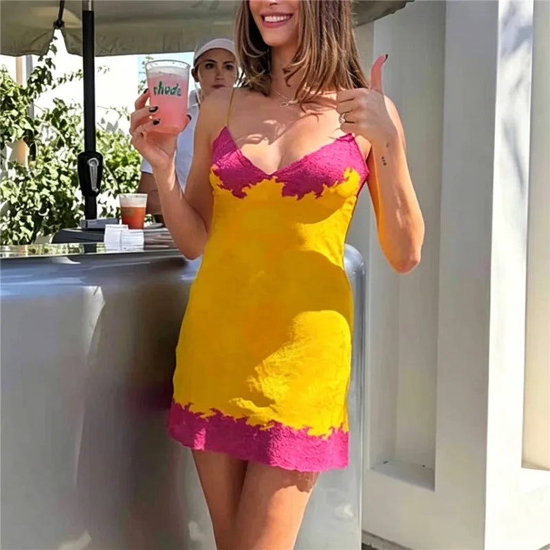 VacationGrabs  Women Y2K Lace Slip Dress Spaghetti Strap Floral Lace Trim Mini Dress for Date Night Cocktail Party Summer Sundress