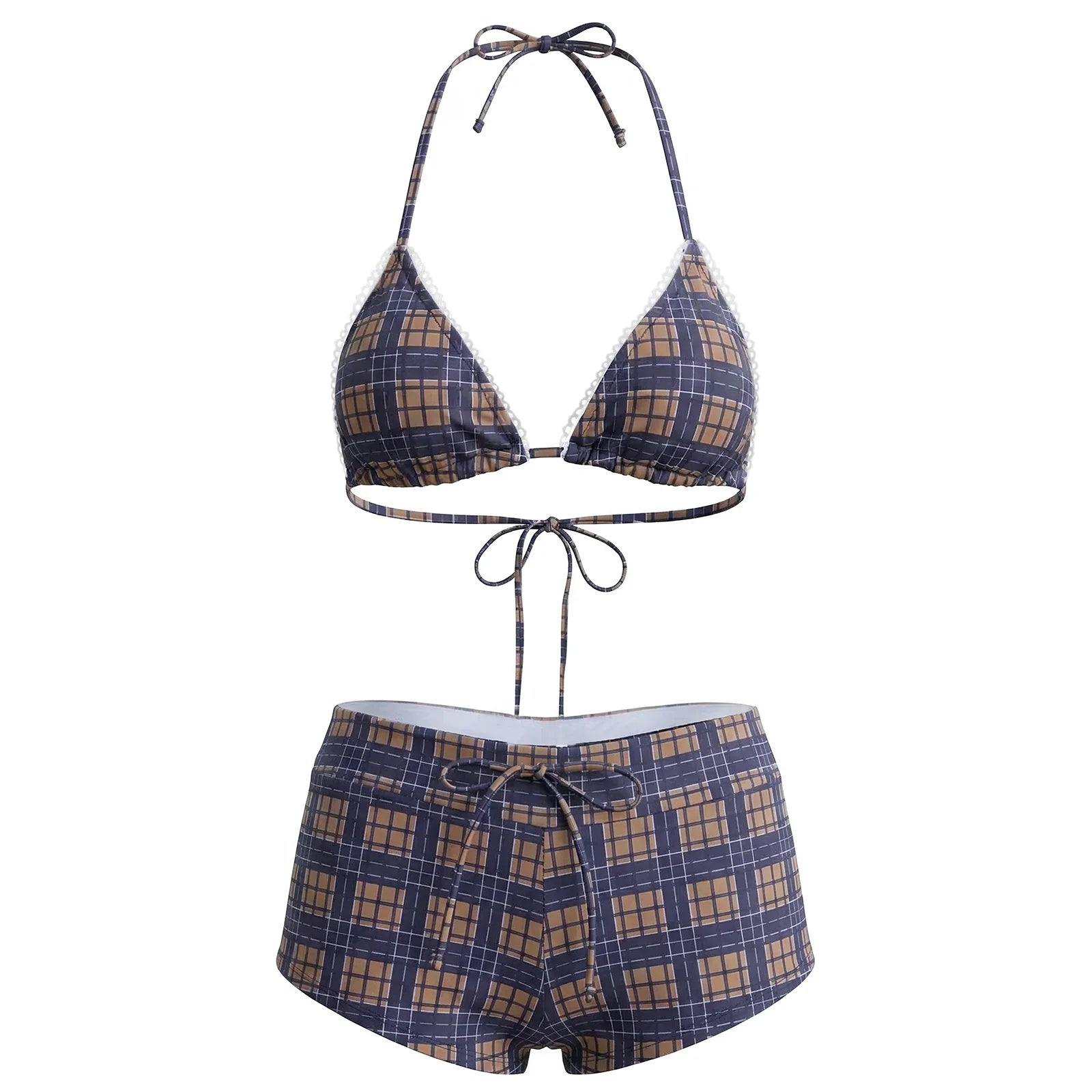 hirigin Women's 2 Piece Bikini Set Fashion Plaid Print Sleeveless Halter Neck Triangle Tops and Low Waist Boyshorts Bathing Suit