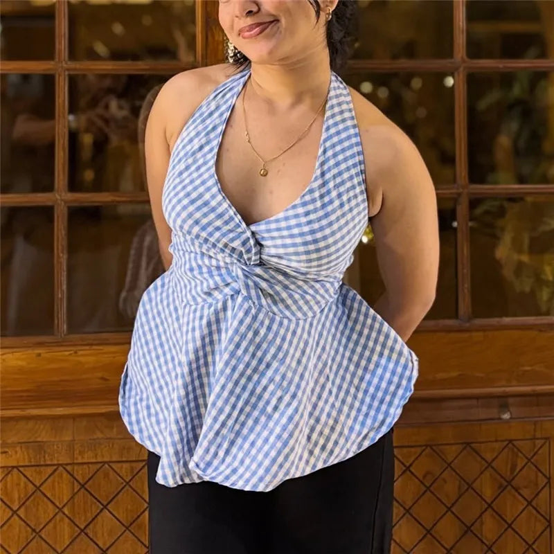 VacationGrabs  Women Gingham Halter Neck Top Twist Front Peplum Hem Sleeveless Plaid Casual Summer V Neck Backless Tank Top StreetWear