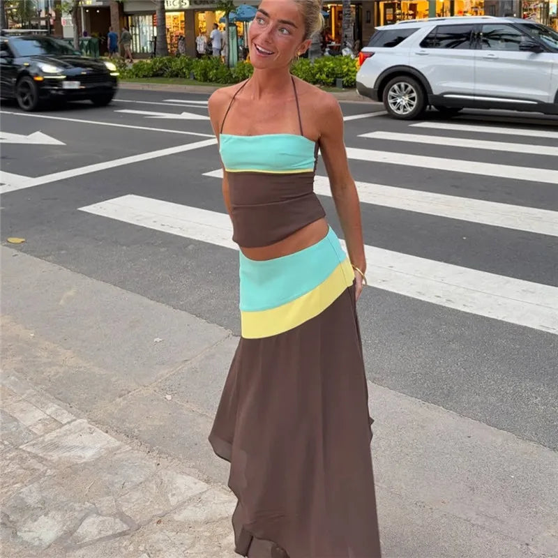 VacationGrabs Women Color Block Halter 2 Piece Set Lace‑Up Back Corset Top Asymmetrical Maxi Skirt Summer Party Beach Matching Outfit