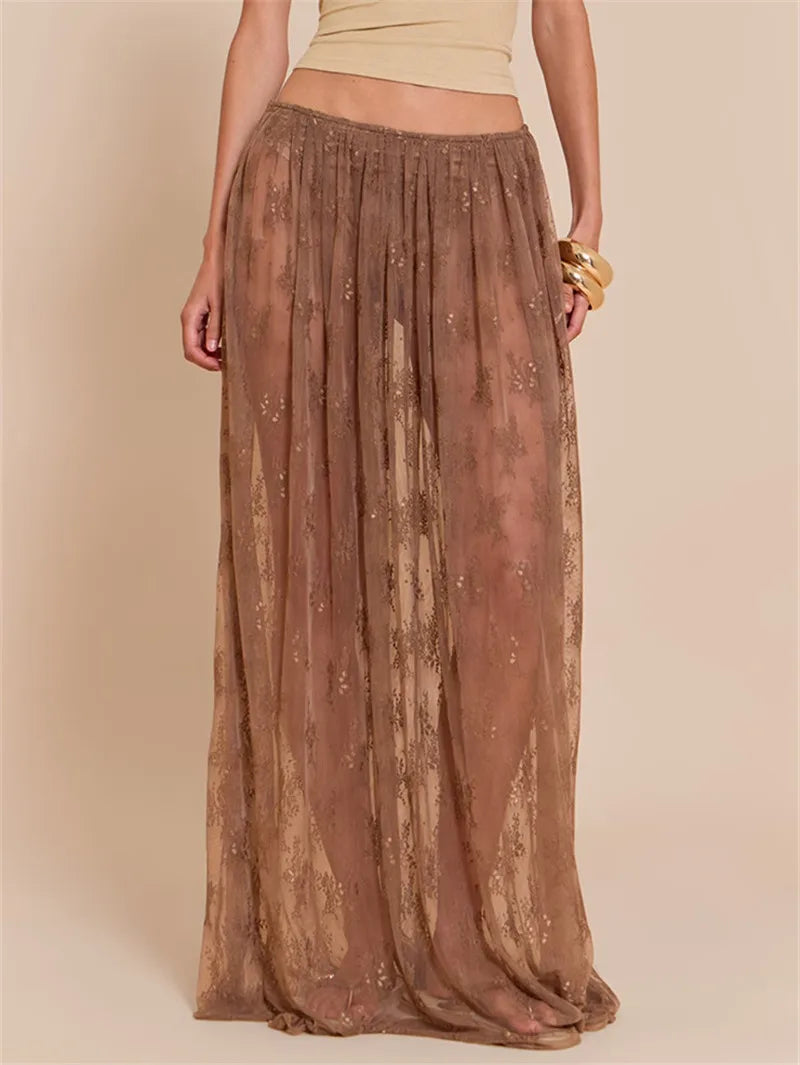 VacationGrabs  Summer Beachy Sheer Floral Lace Maxi Skirt Elastic Waist See-Through Mesh Long Skirt for Casual Vacation Wear