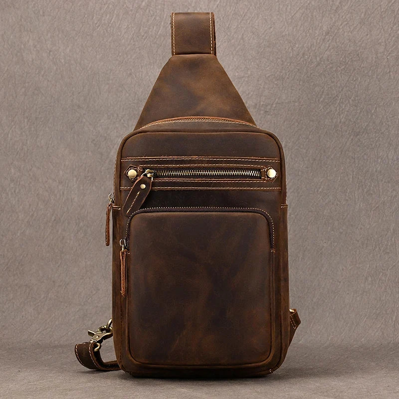 Newsbirds High Quality Big Chest Bag Real Cowhide Leather Chest Bags Crazy Horse Leather Men's Sling Bag Chest Pack For Man Male