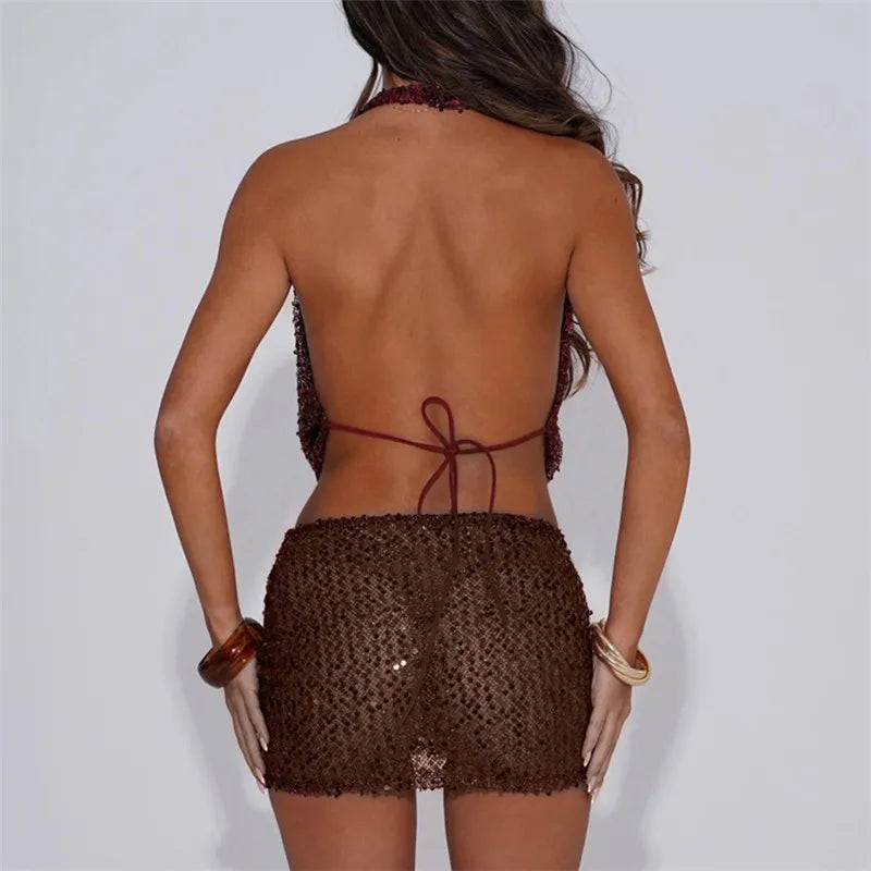VacationGrabs  Sequin Mesh 2 Piece Halter Cowl Neck Set Sexy Women Open Back Tie Top and Mini Skirt for Club Party Night Out Streetwear
