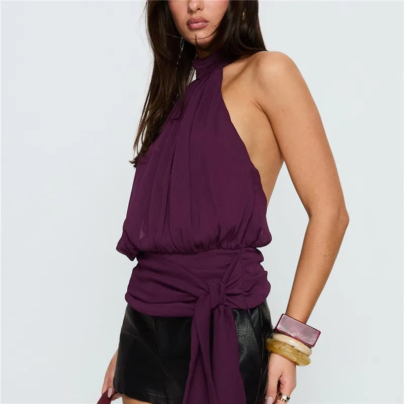 VacationGrabs  Elegant Plum Purple Halter Top Women Open Back Sleeveless Blouse Tie Waist Flowy Top For Office Commute And Casual Wear