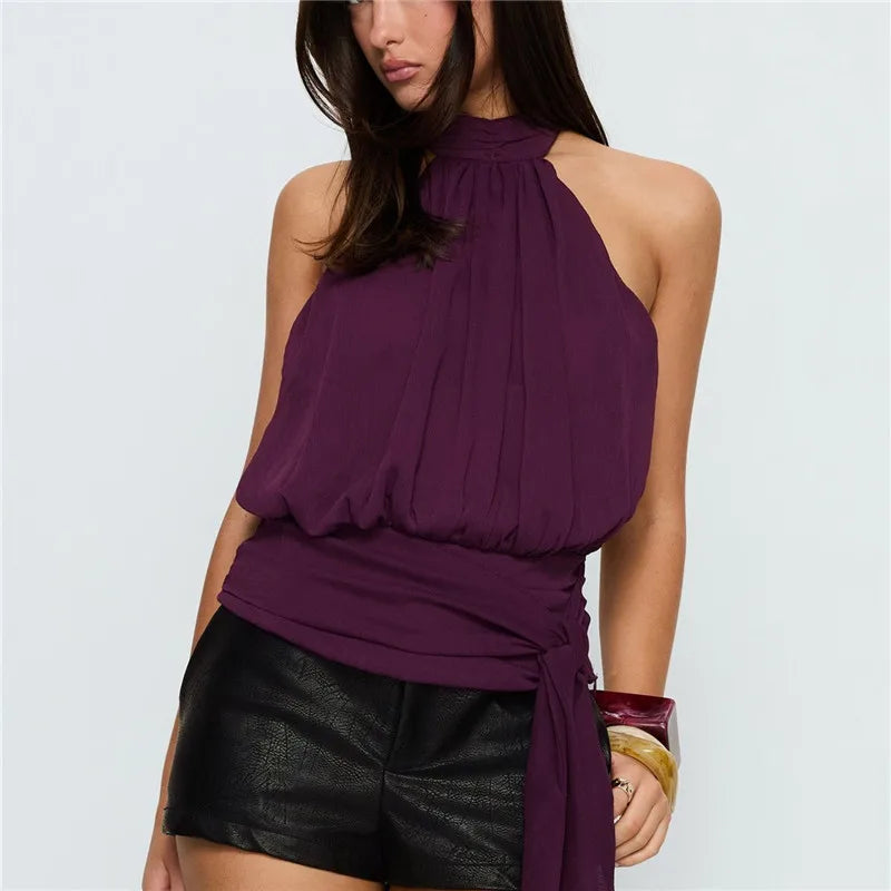 VacationGrabs  Elegant Plum Purple Halter Top Women Open Back Sleeveless Blouse Tie Waist Flowy Top For Office Commute And Casual Wear