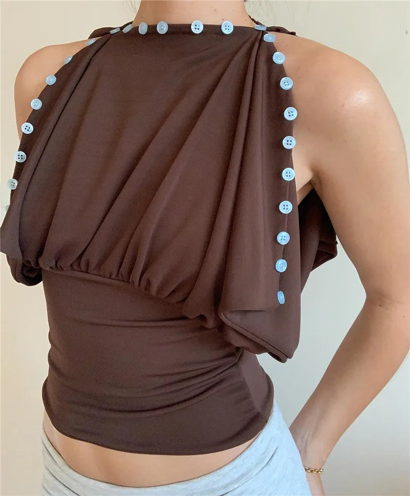 VacationGrabs  Y2K Vintage Off Shoulder Draped Blouse With Button Trim Slim Fit Ruched Waist For Women Casual Streetwear Party Top